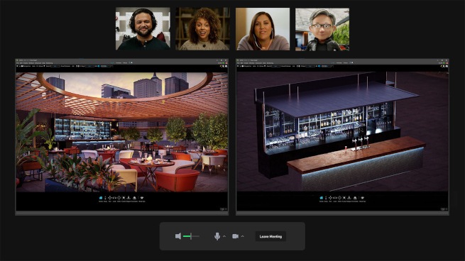 A computer screen showing people on a video call in the top row with two virtual worlds in the main screen.