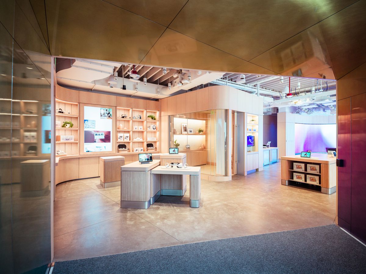 An image of the Meta Store from the entrance, featuring shelves of Quest and Portal devices