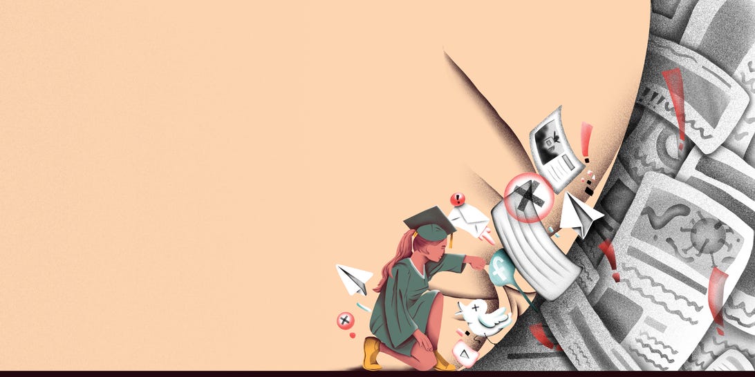 Illustration of a woman in a cap and gown pulling back a curtain to reveal misinformation