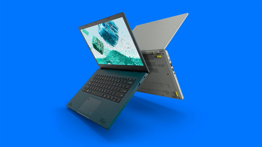 Acer Aspire Vero 2022, in blue and silver, showing front and back