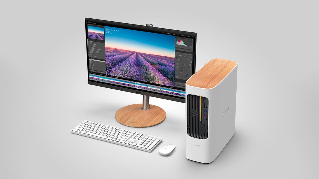 Acer ConceptD 100 tower desktop with matching monitor, keyboard and mouse