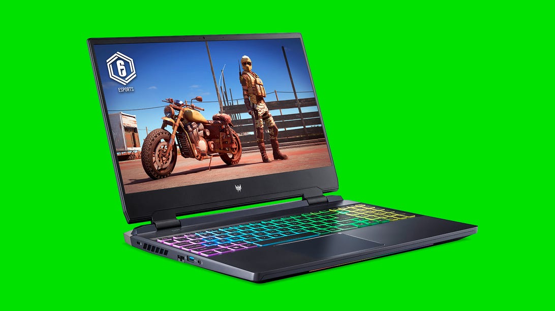 Acer Predator Helios 300 SpatialLabs Edition with game character and motorcycle on the screen