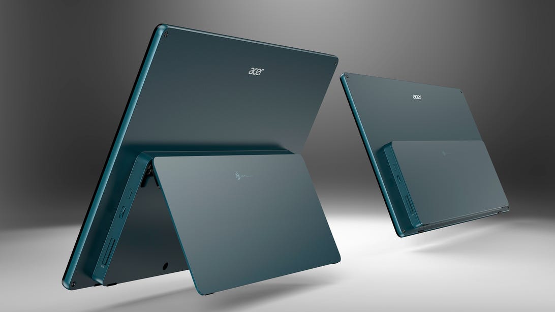 A rear view of Acer SpatialLabs View 3D monitor, showing the kickstand and rectangular bump with the ports and battery