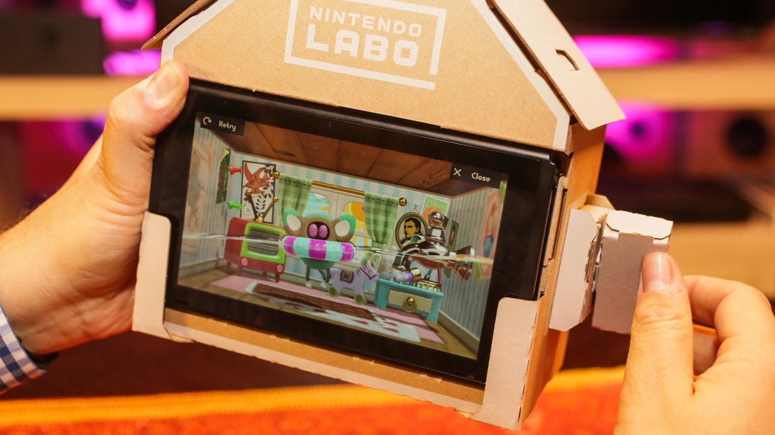Nintendo Labo cardboard surrounding a Switch display