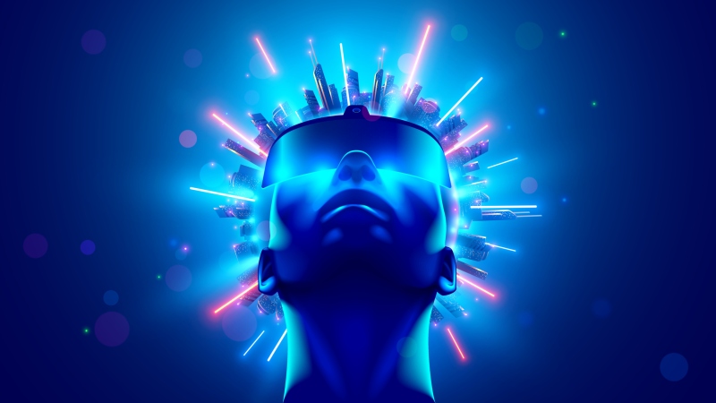 VR and AR technology futuristic concept. Person wearing 3d VR headset glasses looks up in cyberspace of metaverse.