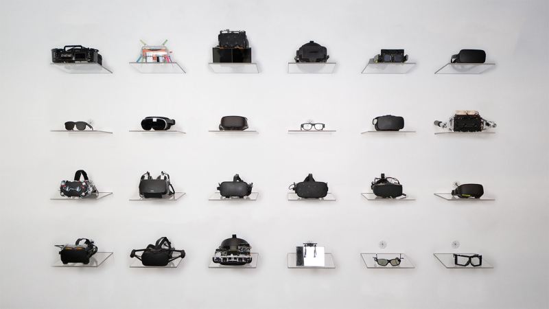 Meta's wall of VR headset prototypes.