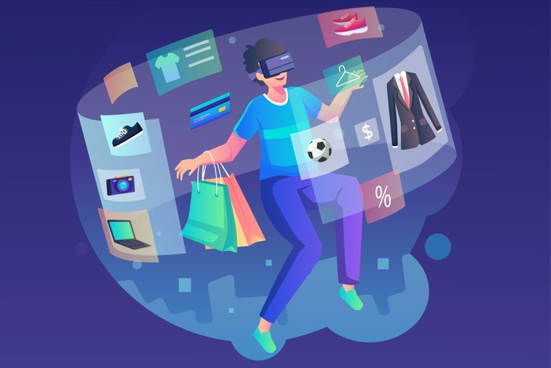 Virtual Shopping Illustration Concept. A young man wearing a VR headset is doing a shopping experience in the metaverse. Flat vector illustration