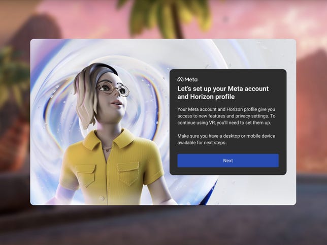 Notice from Meta prompting users to set up a Meta account and Horizon profile.
