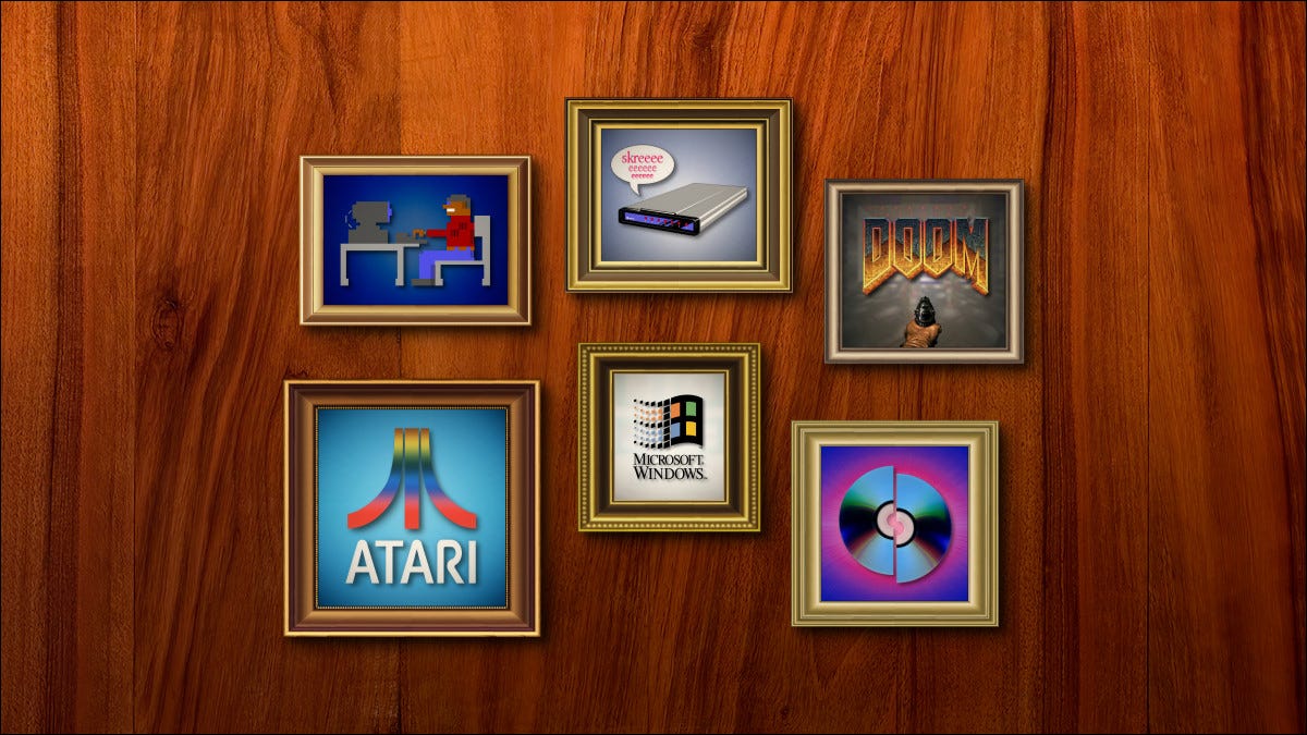 A Gallery of Benj Edwards Articles in Picture Frames on a Wooden Wall