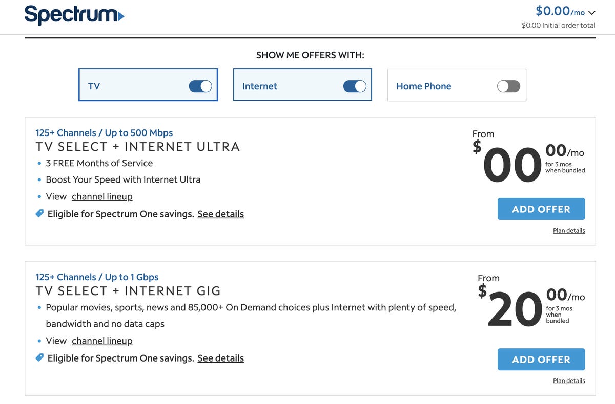 Screenshot of Spectrum's three months free deal