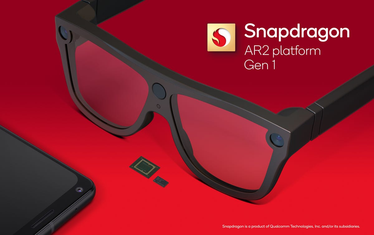 Qualcomm AR2 Gen 1 chip, and the front of a pair of smart glasses