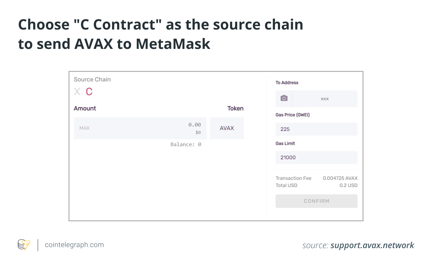 Choose _C Contract_ as the source chain to send AVAX to MetaMask Choose _C Contract_ as the source chain to send AVAX to MetaMask