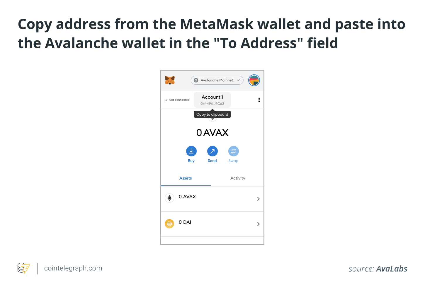 Copy address from the MetaMask wallet and paste into the Avalanche wallet in the _To Address_ field Copy address from the MetaMask wallet and paste into the Avalanche wallet in the _To Address_ field