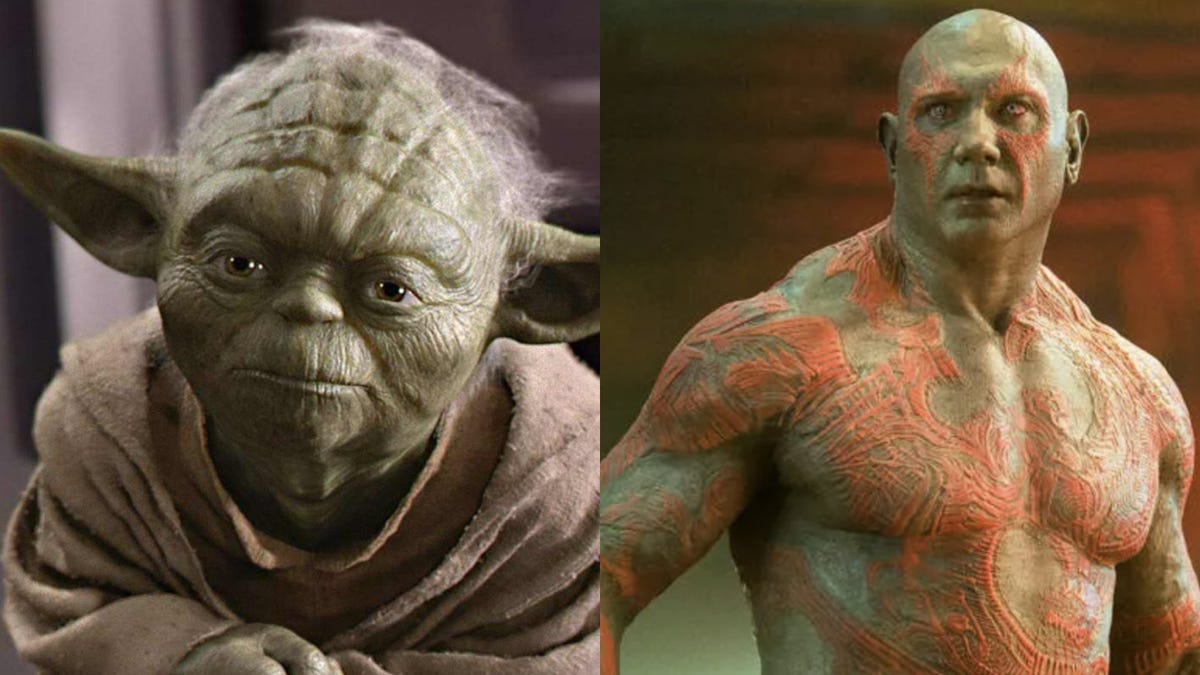 A still from Star Wars shows Yoda, next to a still from Avengers: Infinity war of the character Drax