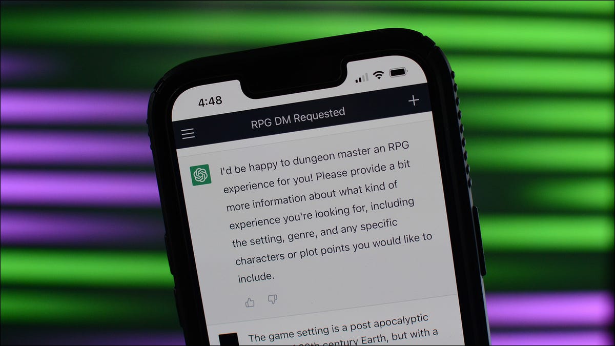 A phone, displaying an AI chat response, against a green and purple background.