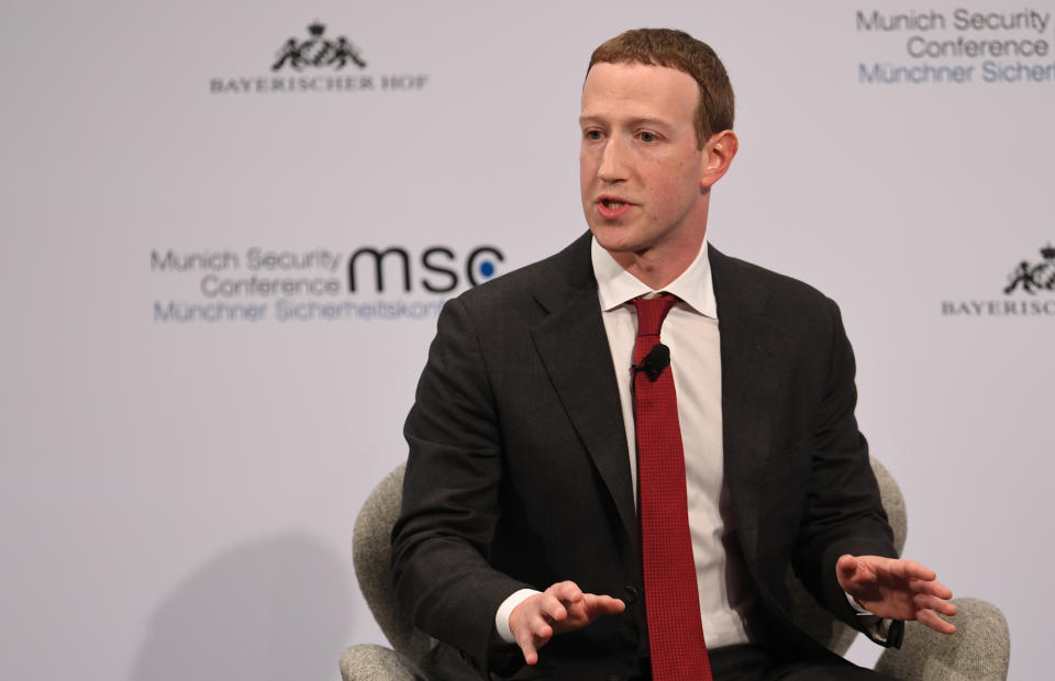 Facebook Chairman and CEO Mark Zuckerberg speaks during the annual Munich Security Conference in Germany, February 15, 2020. REUTERS/Andreas Gebert