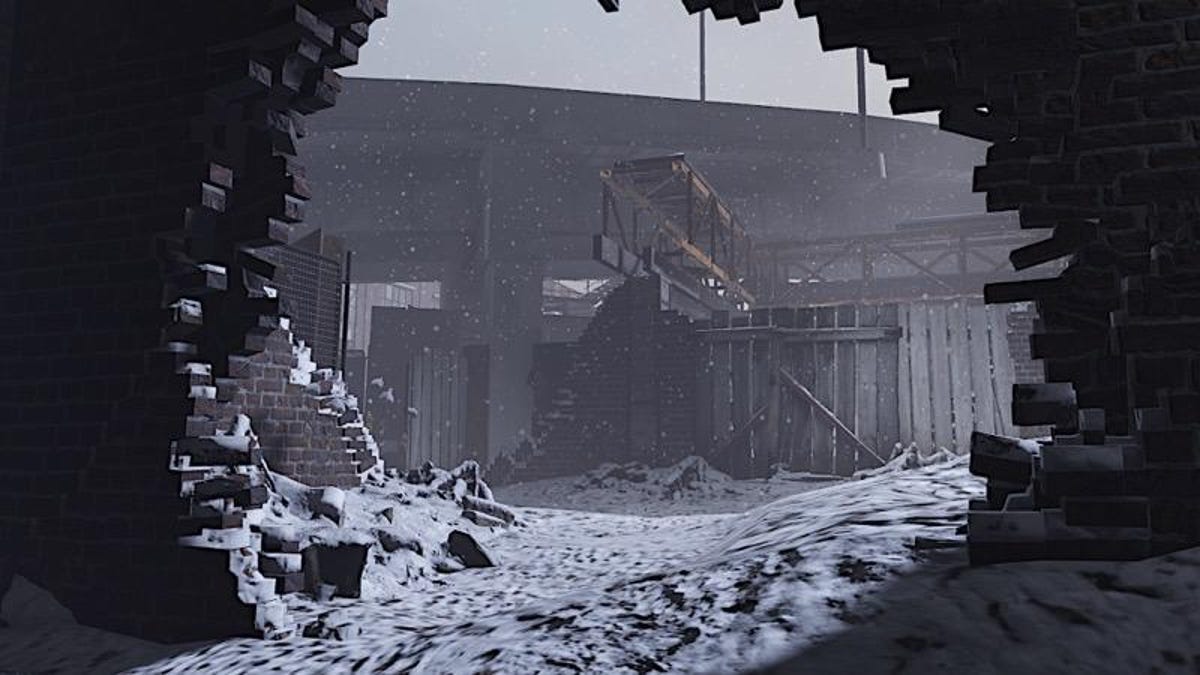 A hole in a brick wall and a building seen through it, in the video game platform Roblox