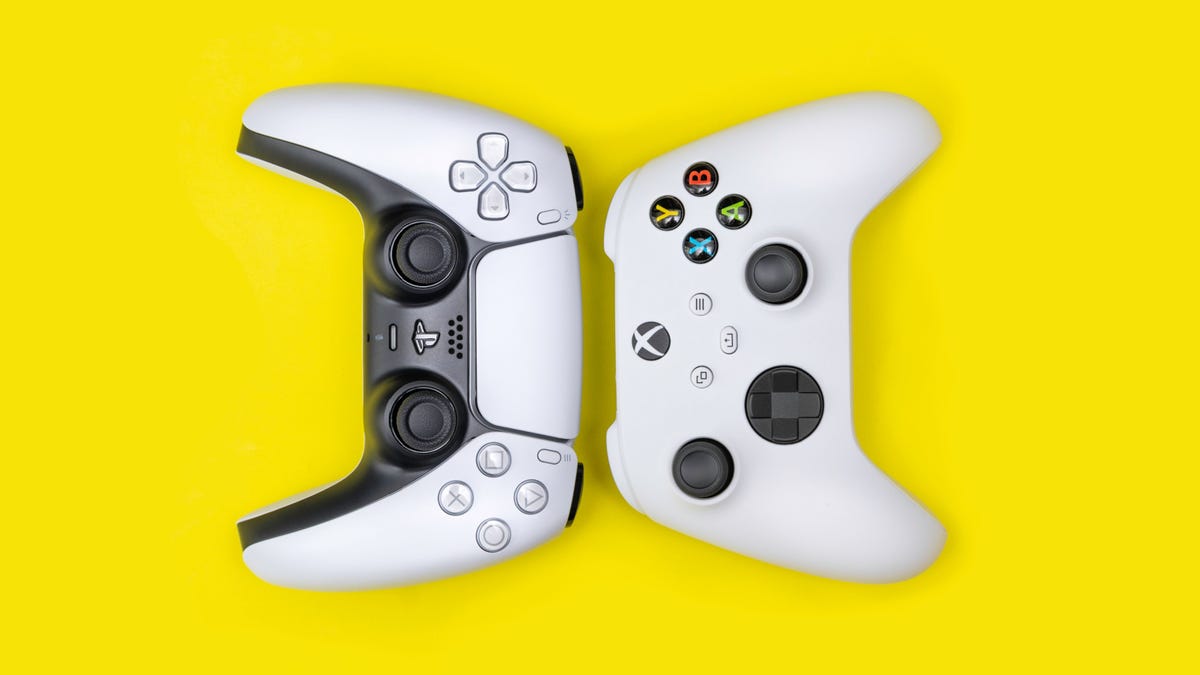 PS5 and Xbox controllers on a yellow background.
