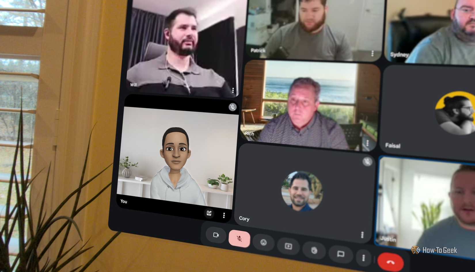 A 3D avatar in a Google Meet call placed on a Galaxy XR headset.