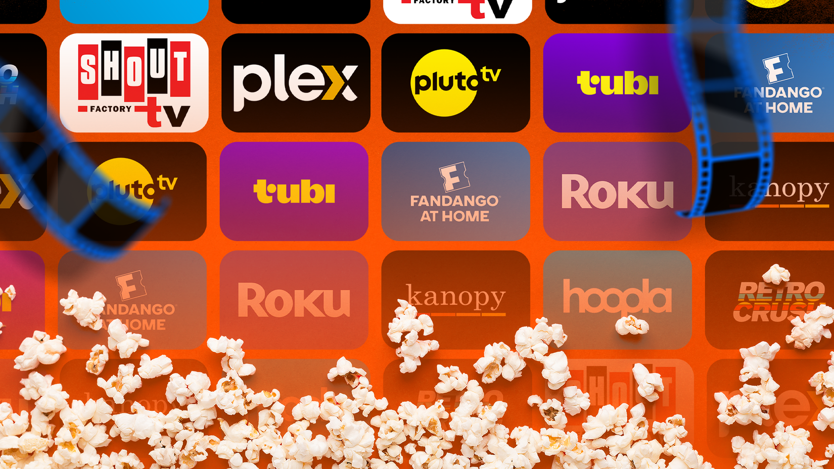 Collage of several movie streaming service logos with popcorn scattered along the bottom.